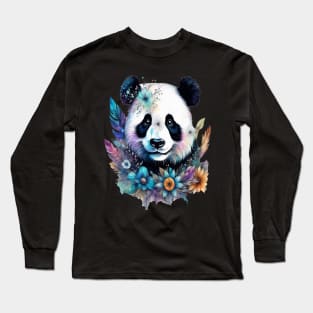 Fantasy, Watercolor, Panda Bear With Flowers and Butterflies Long Sleeve T-Shirt